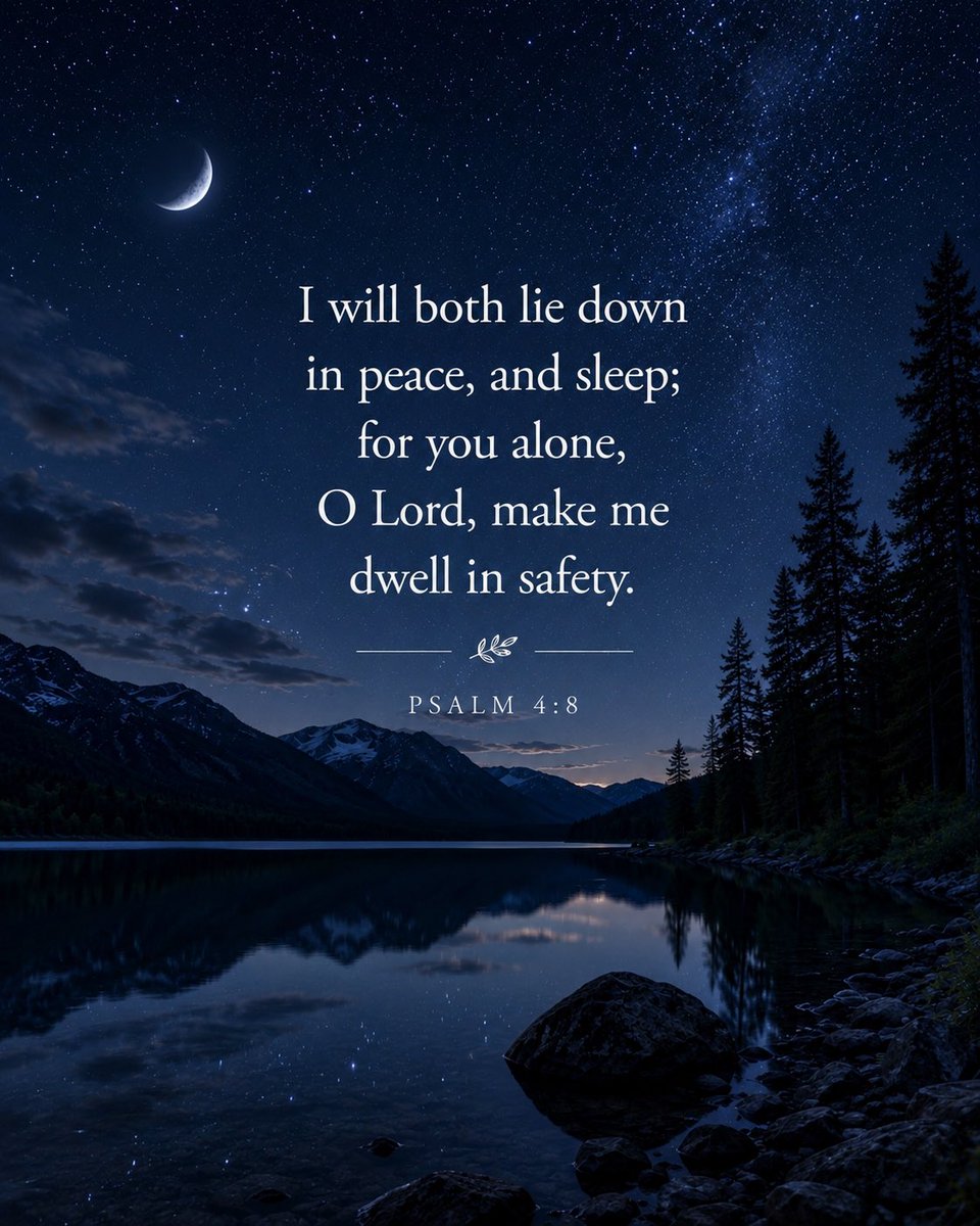 VersePortion's tweet photo. Rest tonight knowing God is watching over you. 🌙

“I will both lie down in peace, and sleep…” — Psalm 4:8 https://t.co/qB2JSjj8Ya