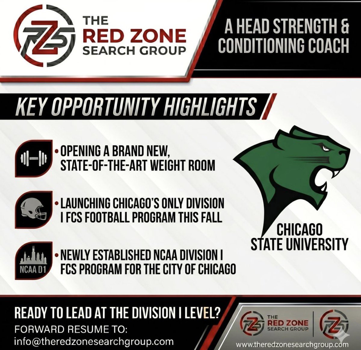 jashercox's tweet photo. The Red Zone Search Group is happy to announce our partnership with Chicago State in the search for their next Director of Strength and Conditioning. Interested applicants should send resumes to: info@theredzonesearchgroup.com https://t.co/U45OorWyWA