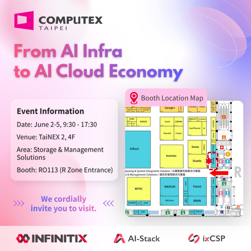INFINITIX_JP's tweet photo. 明日、COMPUTEX 2026 が開幕します 🚀

INFINITIXは会場にて、AIインフラが切り拓く新たな #ComputeEconomy 時代をライブでご紹介します！

📍 TaiNEX 2館 4F R0113（Zone R入口）にてデモ展示中
▶ AI-Stack
▶ ixCSP https://t.co/1NM1b1HVT7