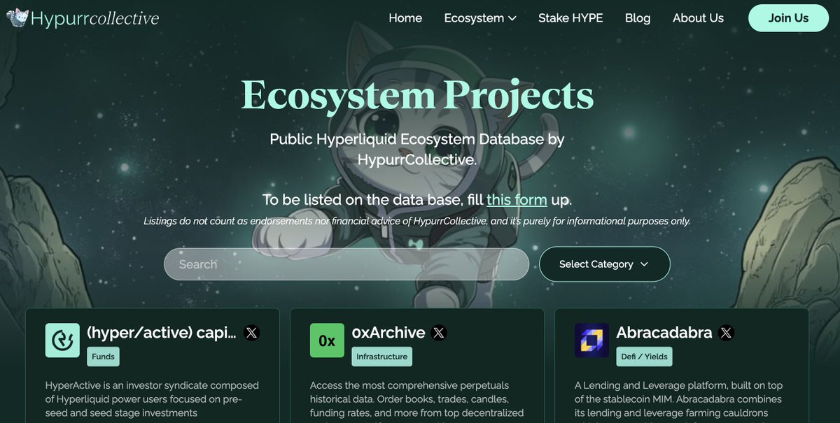 hypurr_co's tweet photo. Public Hyperliquid Ecosystem Database has just been updated  

@procur3 - https://t.co/bVLTGfZ8Vp
@liquidtraders - https://t.co/UWiUYL9RC9 
@NestExchange - https://t.co/saPChpE2CJ
@resolvium - https://t.co/KjRSjFumsv
@TreehouseFi - https://t.co/JvLjbcLAob
Vault Vision - https://t.co/6kQpiVI5Tl
@bloxwap - https://t.co/rZ4BphFti2
@questflow - https://t.co/Do3aGBRJDb
@hyper_bubbles - https://t.co/zSeZ7S4fwr
@tachyon_fi - https://t.co/2zLr1q4PgQ
@riftapp - https://t.co/vnrJXe2yGo

Listing is not an endorsement. 
Always do your own research.  

Check out the full directory here: https://t.co/kJcc1utOmj 

Building on Hyperliquid? 

Fill the form to be listed on the ecosystem directory.