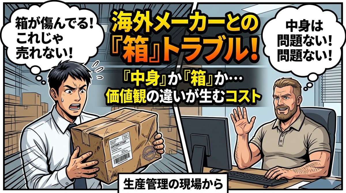 giraffe2304's tweet photo. 顧客から輸入仕入品が返品されてきた。

理由は「梱包箱が傷んでいる」。

中身ではない。箱だ。

──輸入先メーカーに連絡する。

「箱を交換してほしい」

すると返ってきたのは、あっさりした返事だった。

「製品の品質には影響ない」

と、全く取り合ってくれない。しかし、ここは粘りどころだ。

「じゃあ箱だけ買わせてほしい」

「箱の販売はしていない」

……詰んだ。

傷んだ箱のままでは売れない。しかし、きれいな箱はない。値引きして売るしかないのか。

問題は品物じゃない。日本では「箱も含めて製品」だ。海外では「中身が良ければそれでいい」。

最終的に、往復の送料・再梱包費はこちら持ちで、仕入品を返送し、再梱包して送り返してもらった。

今だから言える。値引きして売った方がマシだった。

生産管理の現場では時々こういうことが起こる。海外との「価値観の違い」がコストになることがある。

#生産管理 #輸入調達 #SCM #購買管理