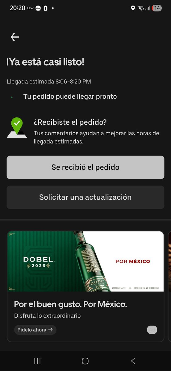 alebb_12's tweet photo. @Uber_MEX @Uber_Support llevo esperando mi pedido 30 min más de los que marca la aplicación y no me deja cancelarlo tampoco. ¿Qué tengo que hacer? Ya marque mil veces a la tienda y dicen que están en camino. https://t.co/UVZcBIwJiO