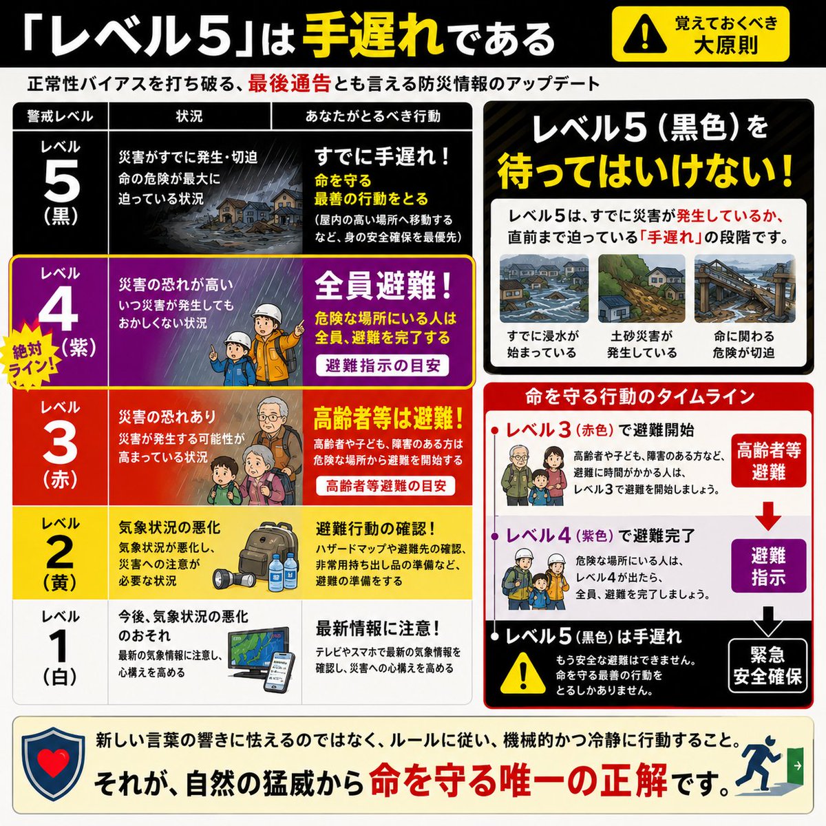 NEWSOFFX's tweet photo. 【大雨警報が出てるけど、まだ特別警報じゃないから大丈夫でしょ】
その“様子見”、絶対にやめてください！

私たちの命を守る「防災気象情報」が大きく生まれ変わり、長年聞き慣れた「洪水」という言葉が廃止。
そして、絶対に逃げなければならないシグナルとして【レベル4 危険警報（紫色）】が新設
されました！

◆「警報」と「注意報」どっちがヤバい？数字がついて一目瞭然に！
◆新設された「レベル4 危険警報」＝【全員避難】の絶対ルール
◆「レベル5（特別警報）」を待ってはいけない！出た時はすでに手遅れ！？

新しくなった言葉の響きに怯えるのではなく、正しいルールを知って冷静に行動することが、あなたと家族の命を守る唯一の正解です。
今年の大雨シーズン前に「絶対に読んでおくべき」防災ジャーナリズム！