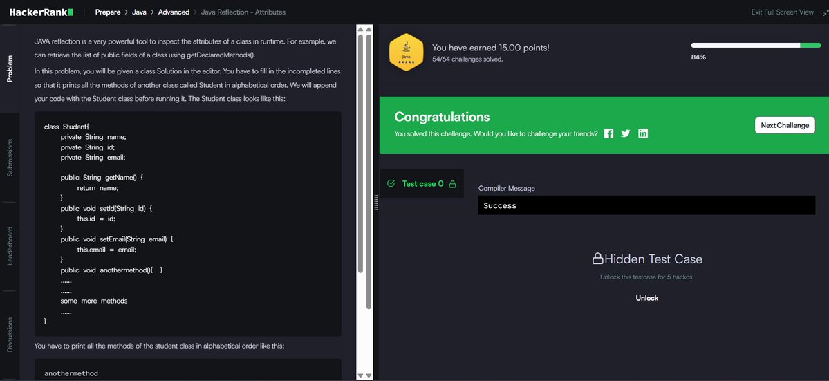 AdittyaCodes's tweet photo. Java has a superpower most devs ignore — Reflection 🪞

Today I solved HackerRank: Java Reflection – Attributes
→ Student.class + .getMethods() + Collections.sort()
= Accepted ✅

#JavaGrind 
#HackerRank #Java #100DaysOfCode #AdityaBhole https://t.co/EhwdoCfWHE