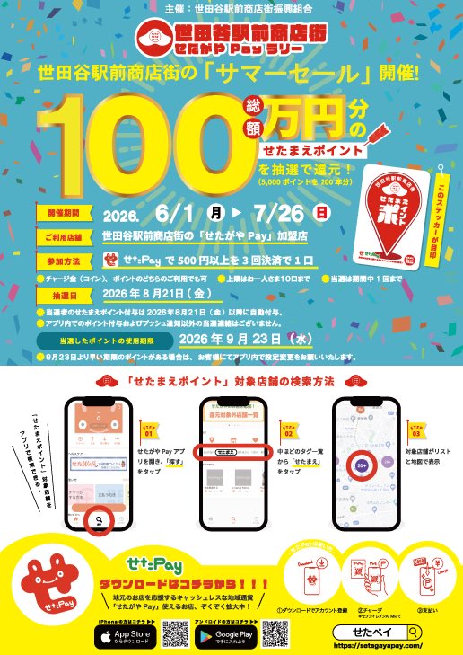 setagayastation's tweet photo. 🎋サマーセールです✨

総額100万円分を抽選で還元！
（5,000ポイントを200本分）

⭐️開催期間：6/1(月)〜7/26(日)
⭐️対象店舗：世田谷駅前商店街の「せたがやpay」加盟店
⭐️参加方法：せたpayで500円以上を3回決済で1口

詳しくは…
https://t.co/fFW1XOUIEu https://t.co/gwt7WQu0ID