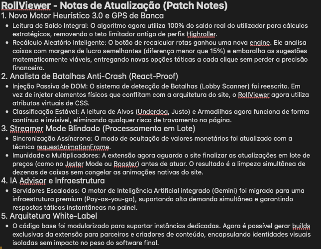RollViewer's tweet photo. A maior atualização estrutural do RollViewer já está no ar. Reescrevemos o motor gráfico e a inteligência matemática da extensão para garantir máxima performance e segurança.

Leia as notas de atualização na imagem abaixo para entender o novo Motor Heurístico 3.0. https://t.co/8ua1csW9BA
