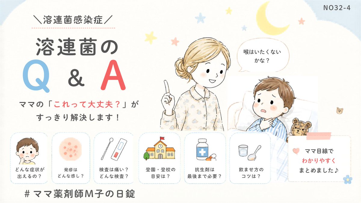 Pharma_emuko's tweet photo. ＼ #ママ薬剤師M子 のブログ更新しました／
「熱が下がったら登園OK？」
「検査って注射するの？」
「抗生剤って最後まで必要？」
子どもの #溶連菌 でよくある不安を、
薬剤師ママ目線でQ&amp;A形式にまとめました✨
発疹、 登園の目安、 再受診のサインも解説しています👇https://t.co/V9CApDdxrQ https://t.co/mFA7rizYAe