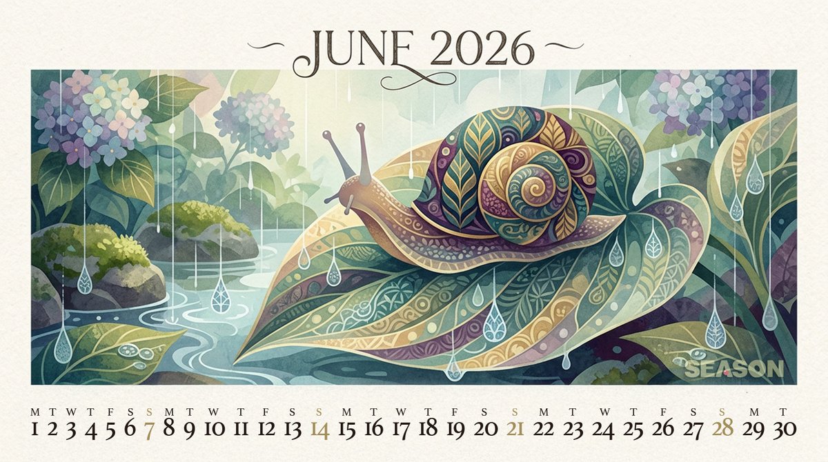 SEASON_ltd's tweet photo. ＼ 2026年6月 カレンダー配布☂️ ／

今日から6月がスタートしましたね！🐸
今月も、弊社のデザイナー・ハヤシが手掛けたオリジナルカレンダーをお届けします🎨

今月のテーマは「紫陽花とカタツムリ🐌」
繊細な模様が描かれたカタツムリと、雨のしずくが光る紫陽花がとっても幻想的で、憂鬱な雨の日も少しだけ楽しみになりそうな一枚です🌿✨

画像を保存して、ぜひPCやスマホの壁紙としてお使いください💻📱
今月も、皆様にとって素敵な1ヶ月になりますように！

🐕琥太郎のひとこと🐕
ツノが生えた不思議な生き物がお散歩してるワン！👀🐌
雨の日はお外で遊べなくてちょっぴり退屈だけど、可愛いレインコートを着てお散歩に行くのが楽しみだワン🐾

#シーズン #企業公式 #企業公式相互フォロー #カレンダー #6月 #紫陽花 #イラスト #デザイン #琥太郎のひとこと
