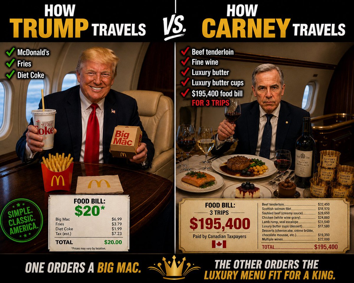 Gina_T1's tweet photo. One guy flies with a Big Mac and a Diet Coke.

The other racks up a $195,400 food bill in 3 trips.

Apparently “luxury butter cups” are now an essential government expense. https://t.co/TBvKsI0ySg