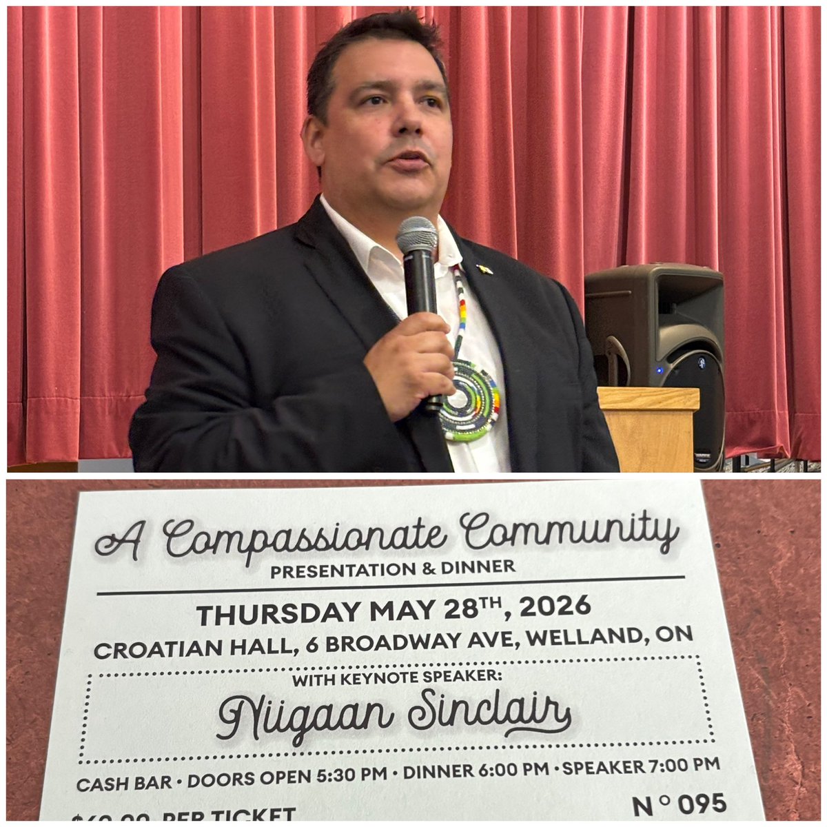 Dave_Augustyn's tweet photo. Amazing to hear Niigaan Sinclair and others speak at the ”A Compassionate Community” dinner this evening. Thank you @niigaanwewidam for your insights and for the group working to make the #NiagaraPeninsula a Compassionate Community! https://t.co/slFNRxHheO