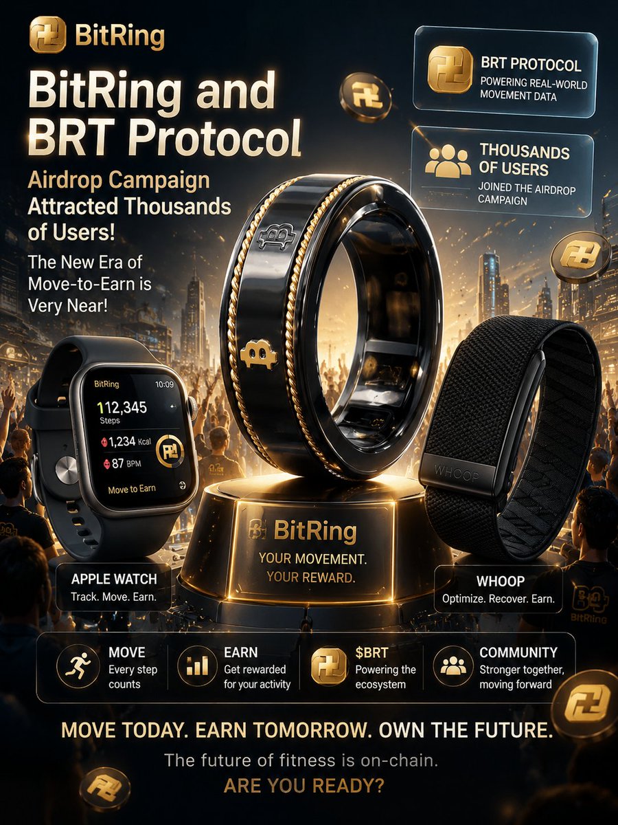 bitring2025's tweet photo. The BitRing × BRT Protocol airdrop campaign has already attracted thousands of users.🚀🚀🚀

A new era of Move-to-Earn is no longer a distant vision — it is arriving.

With Apple Watch, WHOOP and other smart wearable devices, real-world movement data is becoming part of the on-chain incentive economy.

Move today. Earn tomorrow. Own the future.

BitRing is building the next generation of fitness mining powered by BRT Protocol.

Are you ready?

#BitRing #BRT #MoveToEarn #FitnessMining #Web3 #AI #Wearables #BNBChain