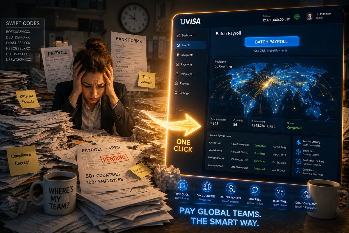 uaecnet's tweet photo. Multinational payroll: 20 countries, 20 currencies, 20 fees, 20 arrival times. UVISA enterprise solution: one‑click batch pay in 10+ fiat, straight to employee cards. Fees far below wire transfers. Free your HR from SWIFT codes.
#UVISA #GlobalPayroll #Enterprise #FinTech https://t.co/KqkNDOsgFf
