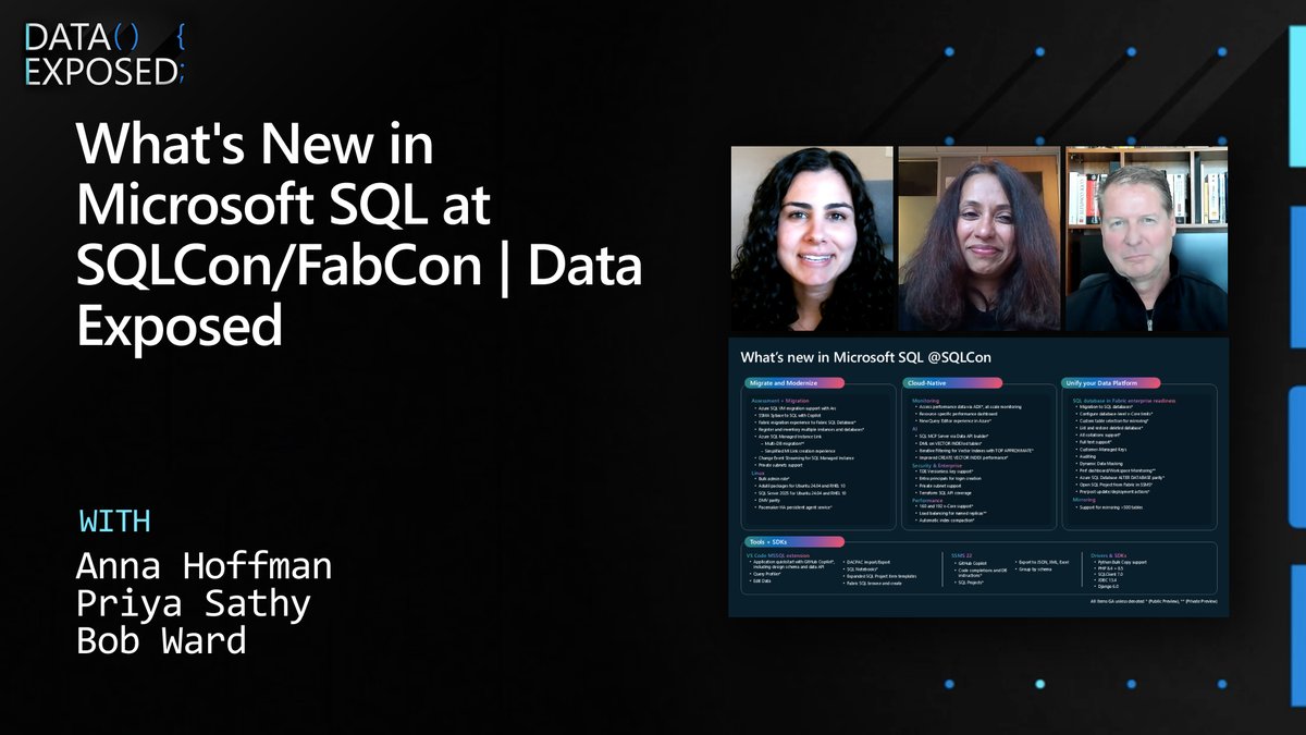 AzureSQL's tweet photo. From #SQLCon/ #FabCon Atlanta, join us on  Data Exposed to break down what’s new across Microsoft SQL.
 
Watch 📷: https://t.co/sYEdeKCFIh #SQLServer #AzureSQL https://t.co/Hi9g04KFdj