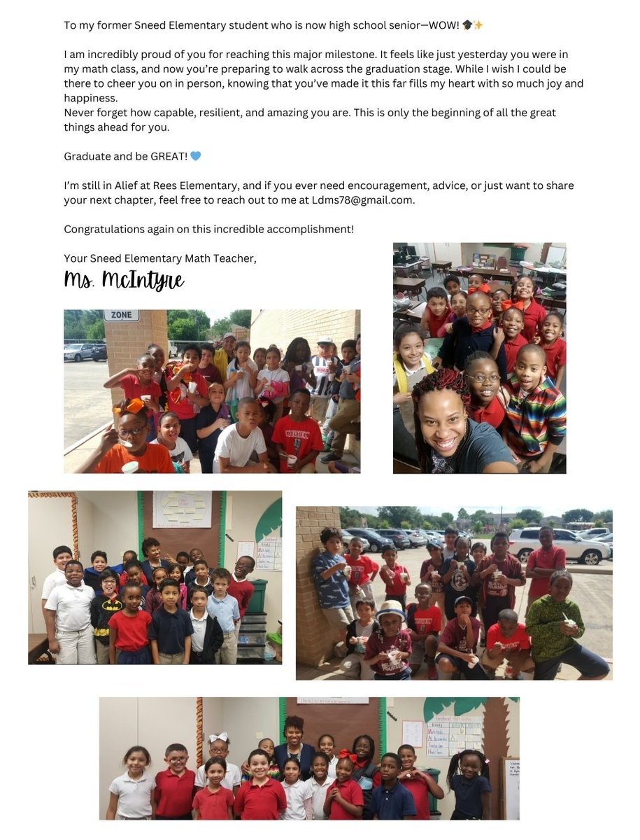 MsLDMac's tweet photo. It’s moments like these that remind me why I love being in education. ❤️ I sent a letter to my former 3rd &amp; 4th grade students who are now graduating seniors, and their replies almost brought me to tears. Knowing I made even a small impact means everything. 🎓✨ https://t.co/bqUDcRsHdt