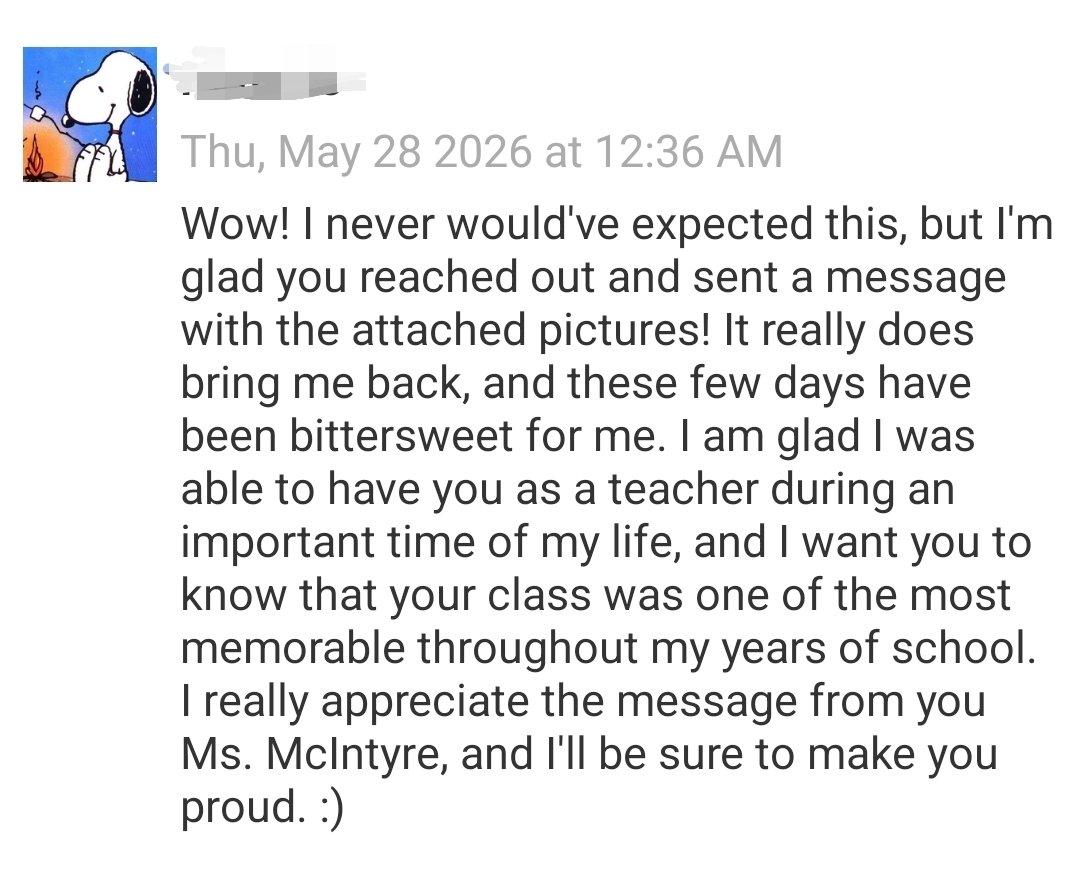 MsLDMac's tweet photo. It’s moments like these that remind me why I love being in education. ❤️ I sent a letter to my former 3rd &amp; 4th grade students who are now graduating seniors, and their replies almost brought me to tears. Knowing I made even a small impact means everything. 🎓✨ https://t.co/bqUDcRsHdt