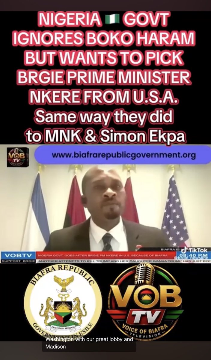 Biafravision's tweet photo. BRGIE &amp; PM OGECHUKWU NKERE has become a BIG BONE in the Nigeria government THROAT. BRGIE &amp; PM Oge Nkere EXPOSING Evil Nigeria government in Washington DC.Nigeria govt UNJUSTLY HELD BIAFRA LEADER MNK &amp;1st BRGIE PM SIMON EKPA in prison. But know you that PM OGE NKERE IS UNTOUCHABLE https://t.co/gngVHLhQFC