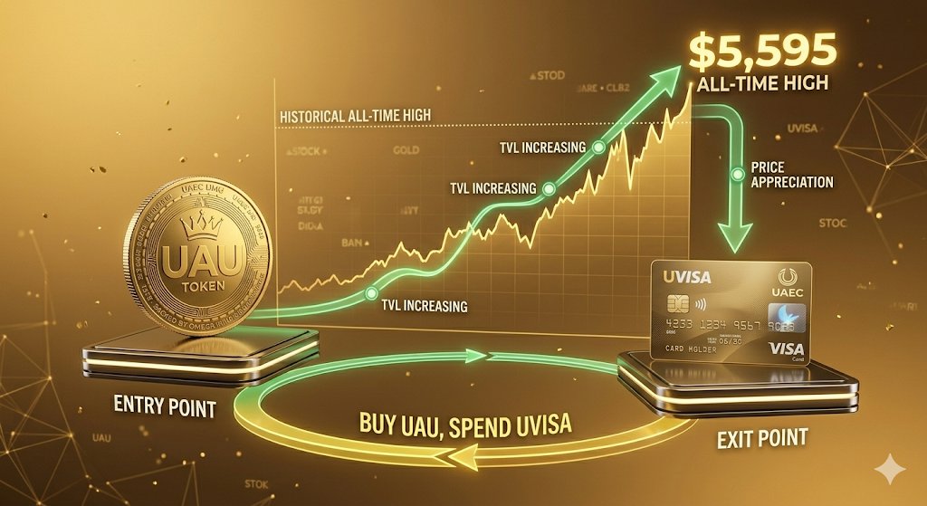 uaecnet's tweet photo. Gold surged 64.4% in 2025, hit 5,595inearly2026,nowbackto5,595inearly2026,nowbackto4,511 — opportunity or exit? UAU backed by real mine rights, 24/7 add position. Later, sweep gains to UVISA card, spend anywhere. Enter with UAU, exit with UVISA — the profit is in between. https://t.co/MUlg4HZK4K
