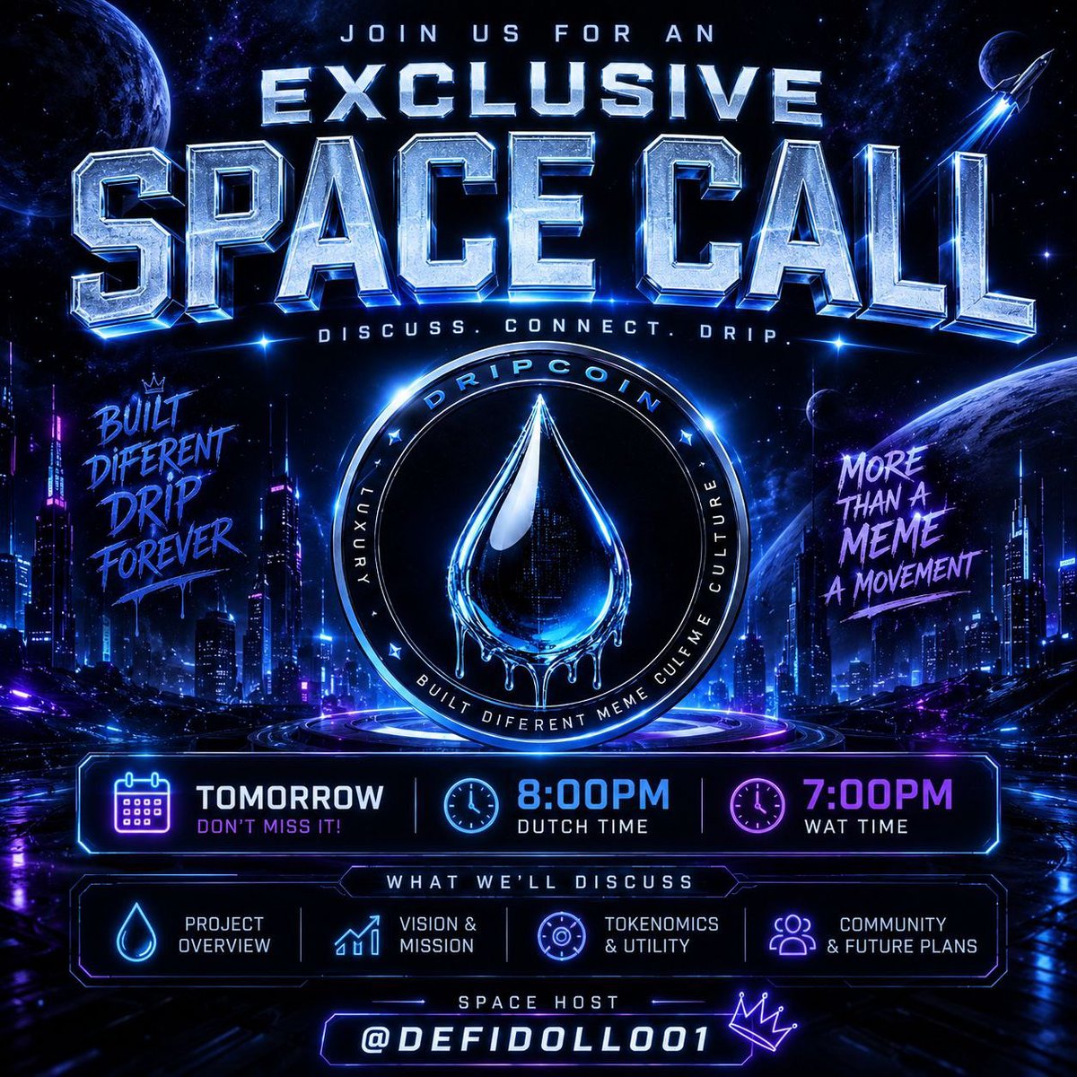 DefiDoll001's tweet photo. GM DRIPPERS๐ง/ DEFI LOVERS ๐ค
Donโt sleep on this one ๐
Today we link up for an exclusive #DRIPCOIN Space Call where alpha meets vision ๐
Weโll be discussing:
Project Overview
Vision & Mission
Tokenomics & Utility
Community & Future Plans
โฐ 8:00PM Dutch Time
โฐ 7:00PM WAT
This isnโt just another meme projectโฆ itโs a movement built different ๐
Pull up, connect, ask questions, and catch the drip early before the wave gets too crowded ๐๐ฅ
Hosted by: @DEFIDOLL001 ๐ค
Dev: @DripcoinNL
Set your reminders now โ you do NOT want to miss this Space ๐
#DRIPCOIN #CryptoSpace #Web3Community #Memecoin #CryptoTwitter