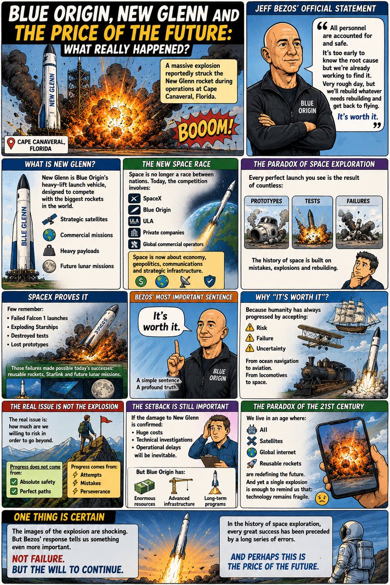 100xcentoBio's tweet photo. 🚀💥 BLUE ORIGIN, NEW GLENN AND THE PRICE OF THE FUTURE: WHAT REALLY HAPPENED?

In the last few hours, the world has seen dramatic images coming from:

📍 Cape Canaveral, Florida

where an explosion reportedly involved the:

🚀 New Glenn

the giant launch vehicle developed by:

🧑‍🚀 Jeff Bezos
and
🚀 Blue Origin.

The incident immediately went global.

Many called it:

⚠️ a disaster
⚠️ a failure
⚠️ a major setback.

But the story is probably much more complex.

🧾 THE FIRST THING TO KNOW

Jeff Bezos quickly released an official message:

👉 “All personnel are accounted for and safe.”

And that is undoubtedly the most important news.

Because when we talk about:

🚀 rockets
💥 explosions
⚡ cryogenic fuels

human safety comes before any space program.

📌 WHAT IS NEW GLENN?

To understand the weight of the event, we need to understand the project.

New Glenn is not just any rocket.

It is Blue Origin’s attempt to enter the same category as:

🚀 Falcon Heavy
🚀 Starship

from SpaceX.

We are talking about a system designed for:

🛰 strategic satellites
🌍 commercial missions
🚀 heavy payloads
🌕 future lunar missions.

🌍 THE NEW SPACE RACE

Many still think of space as a challenge between:

🇺🇸 USA
🇷🇺 Russia
🇨🇳 China.

But today the picture has completely changed.

The competition now involves:

🚀 SpaceX
🚀 Blue Origin
🚀 ULA
🚀 private companies
🛰 global commercial operators.

Space has become:

💰 economy
🌍 geopolitics
📡 communications
⚔ strategic infrastructure.

🧠 THE PARADOX OF SPACE EXPLORATION

Every time we see:

🚀 a perfect rocket launch

we forget how many:

💥 prototypes
💥 tests
💥 failures

came before it.

The history of space is built on:

⚠️ mistakes
⚠️ explosions
⚠️ rebuilding.

🚀 SPACEX PROVES IT

Today many look at SpaceX as a symbol of success.

But few remember:

💥 failed Falcon 1 launches
💥 exploding Starships
💥 destroyed tests
💥 lost prototypes.

And yet those very failures helped make possible:

🚀 reusable rockets
🚀 Starlink
🚀 future lunar missions.

📌 BEZOS’ MOST IMPORTANT SENTENCE

Among all the words Bezos posted, one sentence sums everything up:

👉 “It’s worth it.”

A simple sentence.

But a very deep one.

🧠 WHY “IT’S WORTH IT”?

Because humanity has always progressed by accepting:

⚠️ risk
⚠️ failure
⚠️ uncertainty.

From ocean navigation to aviation.

From locomotives to space.

🌍 THE REAL ISSUE IS NOT THE EXPLOSION

The real issue is:

👉 how much we are willing to risk in order to go beyond.

Because progress almost never comes from:

✔ absolute safety
✔ perfect paths.

It often comes from:

⚡ attempts
⚡ mistakes
⚡ perseverance.

📌 THE SETBACK IS STILL IMPORTANT

If the damage to New Glenn is confirmed:

💰 huge costs
📋 technical investigations
⏳ operational delays

will be inevitable.

But Blue Origin has:

💵 enormous resources
🏗 advanced infrastructure
🚀 long-term programs.

🧠 THE PARADOX OF THE 21ST CENTURY

We live in an age where:

🤖 AI
📡 satellites
🌍 global internet
🚀 reusable rockets

are redefining the future.

And yet a single explosion is enough to remind us that:

⚠️ technology remains fragile.

🌎 ONE THING IS CERTAIN

The images of the explosion are shocking.

But Bezos’ response tells us something even more important.

Not:

💥 failure.

But:

🚀 the will to continue.

Because in the history of space exploration:

every great success has been preceded by a long series of mistakes.

And perhaps this is exactly the price of the future.

🗞️ Thoughts, news and visions… unfiltered.
Follow: 👉 100% Biodegradable!
https://t.co/Qo0p2xumNT

#BlueOrigin #NewGlenn #JeffBezos #Space #Rocket #SpaceX #Innovation #Technology #FutureTech #100Biodegradabile #CapeCanaveral #