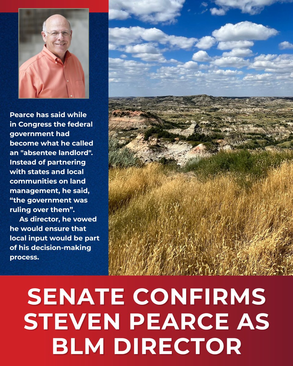 ASL_Liberty's tweet photo. On May 18th, the Senate passed S. RES. 690, confirming Steve Pearce, 46-43, as Director of the Bureau of Land Management, a division of the Interior Department that manages a quarter-billion acres, representing more than a tenth of the nation’s lands.

Read more here: https://t.co/cdcwbAPYuH

#LibertyMatters