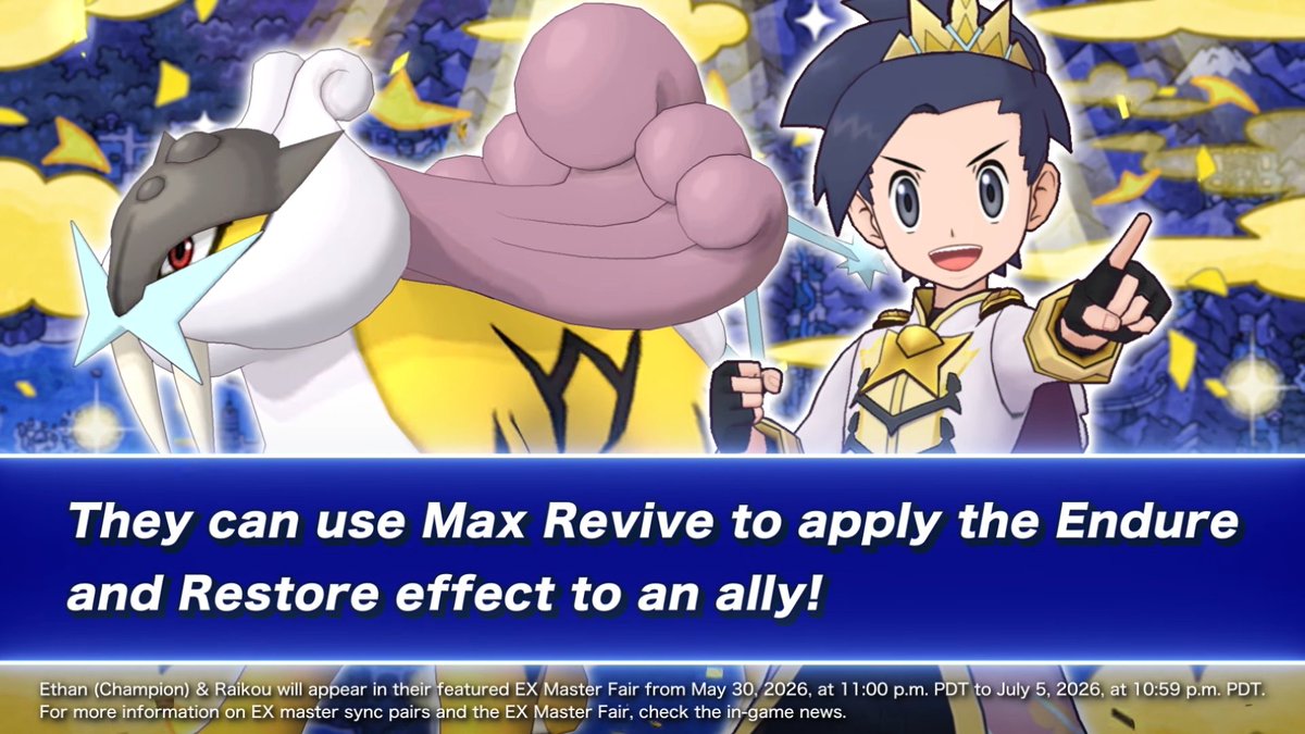 PLDHnet's tweet photo. Pokémon Masters' next Neo Champions event has been revealed. It introduces Champion Ethan &amp; Raikou (May 30) and Champion Lyra &amp; Entei (June 1). Sygna Suit Kris &amp; Suicune will also be available through a one-time scout starting from June 3rd.

Trailer: https://t.co/oqrWLJmQuS https://t.co/2XUIFHAaFb