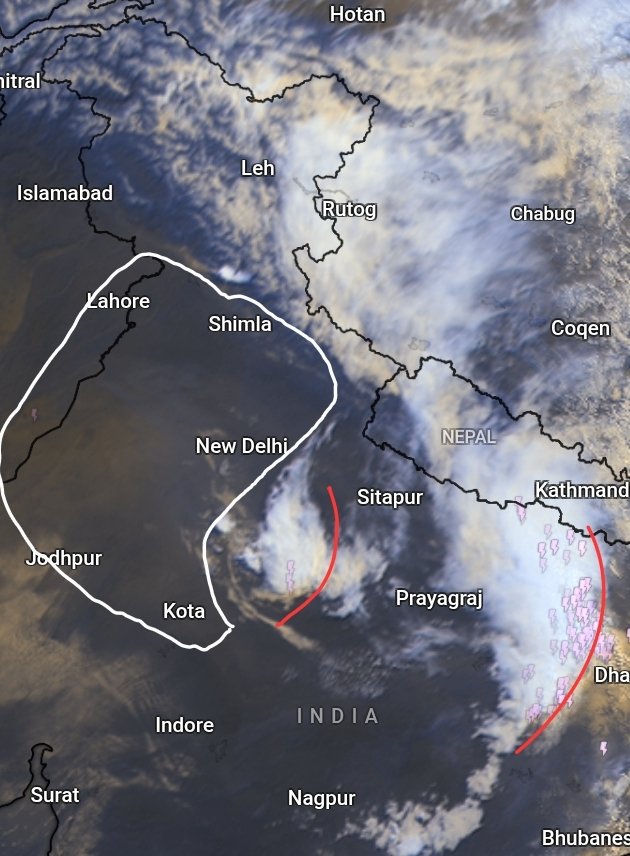 navdeepdahiya55's tweet photo. Weather outlook - 29th May 
After affecting plains overnight, storms have moved into Bihar and Jharkhand now, intense thunderstorms are on-going at a widespread scale in both the states. Later in evening they will move to west Bengal and likely to hit #Kolkata as well. 

Clear weather conditions are back in Delhi NCR, Haryana, Punjab, Rajasthan and is expected to stay sunny till late afternoon hours. Area marked in white over NW India will trigger fresh storms later in the evening today that will affect #Delhi NCR, #Haryana #Chandigarh and parts of #Punjab #Rajasthan #UttarPradesh & north #MadhyaPradesh during Friday evening to late night hours. 

Nowcast will be updated once genesis of new storms begin in late afternoon. Follow to stay updated with the latest storms outlook. 
#DelhiRains