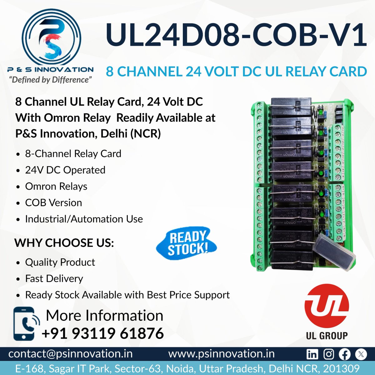 PSInnovation1's tweet photo. UL24D08-COB-V1 8-Channel 24V DC UL Relay Card now in ready stock at P&amp;S Innovation.

Powered by high-quality Omron Relays for reliable industrial automation performance.

#Automation #Omron #RelayBoard #Noida #DelhiNCR https://t.co/T4ft1U12bH