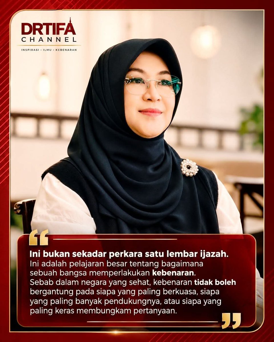 ArdieSuhardi321's tweet photo. DOKTER TIFA ADALAH SRIKANDI PENDOBRAK KEPALSUAN IJAZAH JOKOWI...

KEBENARAN HARUS TERUNGKAP, TIDAK MEMANDANG SANG PENGUASA YANG DZALIM SEKALIPUN...

IJAZAH PALSU JOKOWI HARUS DIBONGKAR TUNTAS....‼️

#PrabowoPresidenPlesiran
#PrabowoPresidenPlesiran
🆘🆗 https://t.co/9Qys7VFuyd
