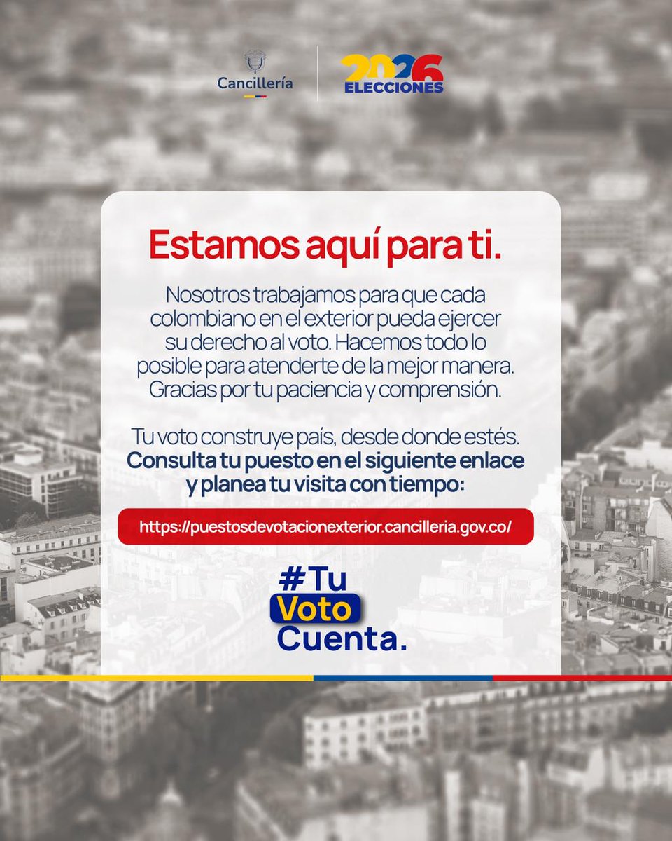 EmbColVietnam's tweet photo. ⏰ ¿Sabes hasta qué hora puedes votar en el exterior? Desliza y entérate del detalle clave que debes tener en cuenta antes de ir a tu consulado. 👉
Las jornadas electorales en el exterior transcurren con normalidad y estamos trabajando para que cada colombiano pueda ejercer su derecho al voto. ¡Aún tienes tiempo hasta el domingo 31 de mayo!
🇨🇴 Consulta tu puesto de votación aquí 👇
https://t.co/0cewFBD5Sr

#TuVotoCuenta