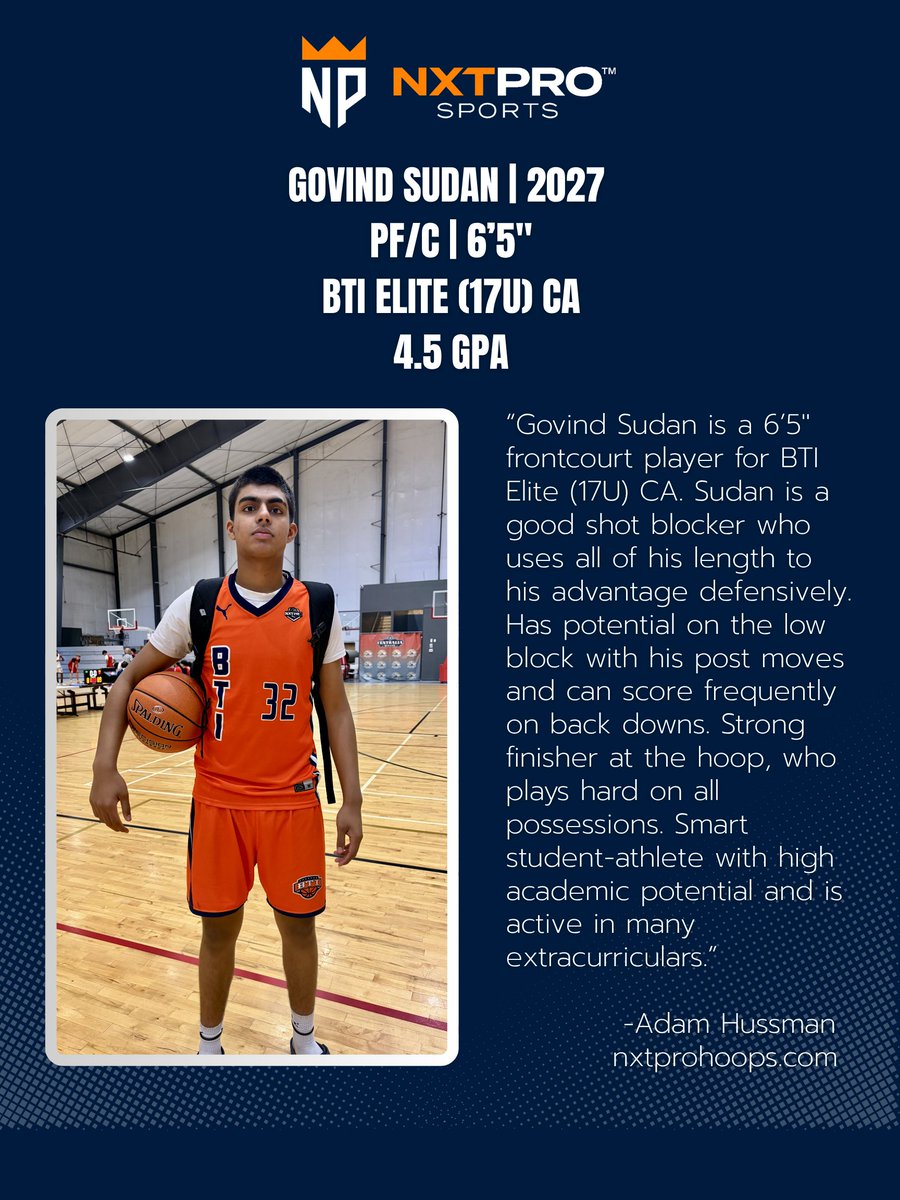 Govind_Sudan34's tweet photo. Honored to be named a Session II standout by
@NxtProHoops. Grateful for the evaluation!  

Govind Sudan | 2027  
PF/C | 6'5"
@BTIHoops | West Ranch HS 
GPA: 4.5  

Hudl:https://t.co/ciltkDN07R
Article:https://t.co/1vMVZR4zi8

#BTIElite #HighAcademicBasketball https://t.co/4Oh0luXKfu