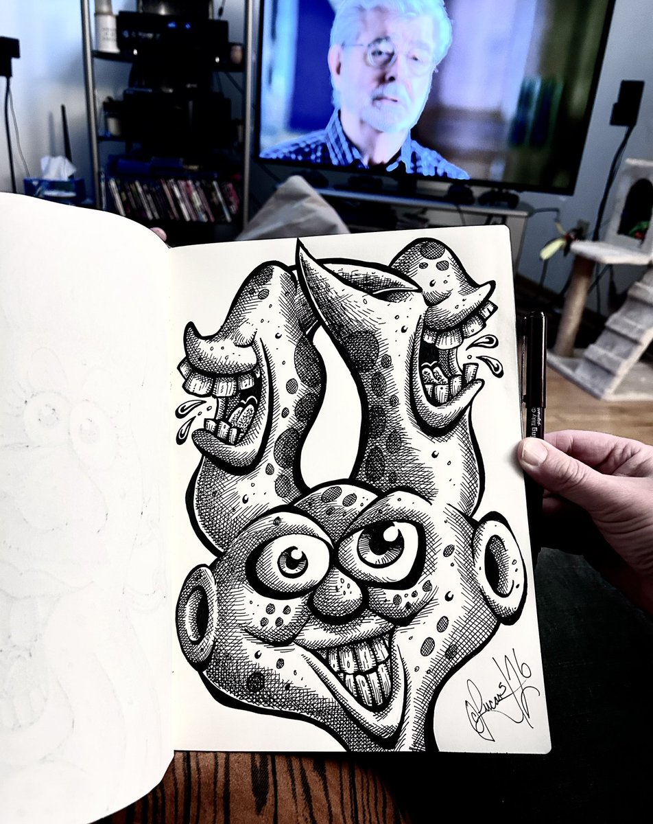 JohnnyToons's tweet photo. When you thee a new THTAR WARSTH movie, you thimply have to thlip-in a quick “Thursday Night Thinister Alien Thsketch” my friendths! Lol! 🤪🖊️📒 #cartoon #cartoonist #STARWARS #MandalorianAndGrogu #johnnytoons https://t.co/bnILddjOTe