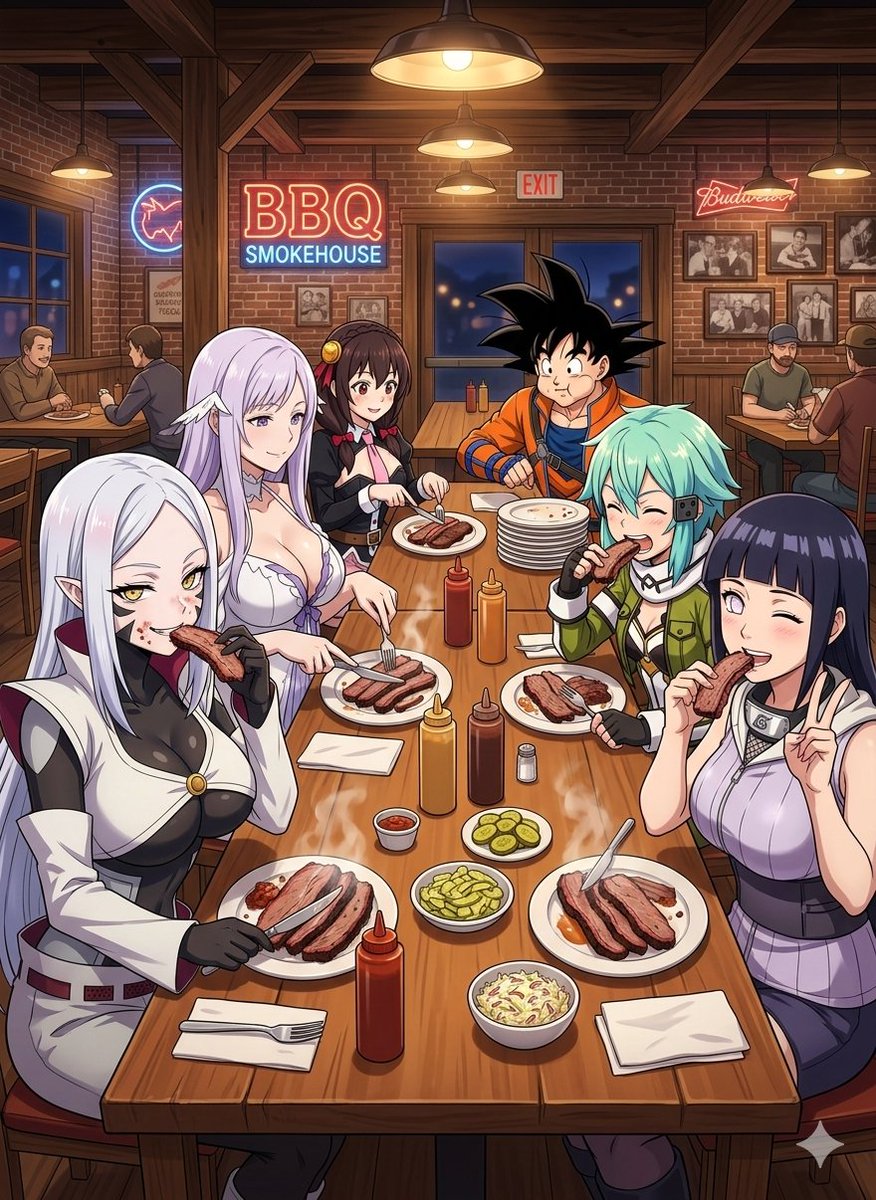 BrianJesusChav1's tweet photo. Día Nacional del Brisket (Pecho de Ternera):
Comiendo Brisket en un restaurante 
#AIart #Fanart #DBZ #Mecard #AnimeFans #LoveAnime #SAO #Sinon #Quinella #EdensZero #HinataHyuga #DBS #SonGoku https://t.co/7mgi37cq5T