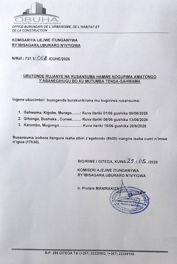 obuhaoffice's tweet photo. Itangazo ryerekeye ikirangamisi ca Rusansuma rwo gupima amatongo y'abenegihugu bo kumutumba Tenga-Gahwama. https://t.co/WZfbYWkrO7