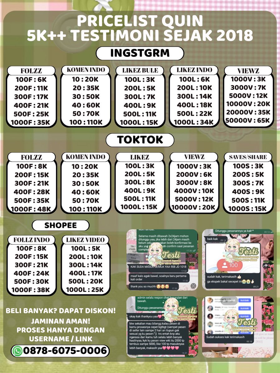 quinsos's tweet photo. Tersediaa semua layanan garansi, jasa sosneeds trusted jual murah🌷
✿ followers instagram tiktok shopee
✿ likes ig tt
✿ save share
✿ komen indo buzzer
✿ views reels vt

💌:https://t.co/8w5Q4UuvBl
wts wtb view tambah folls like boost follower beli upfoll indonesia zonauang https://t.co/13sNKw0h4b