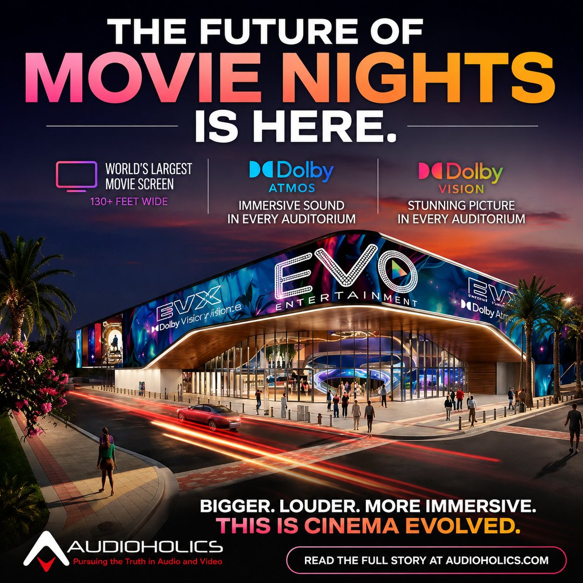 AudioholicsLive's tweet photo. 🎬 EVO Entertainment plans the world's largest movie screen (130+ ft) while making every auditorium Dolby Vision + Dolby Atmos. 🔥

For home theater fans, this could be one of the biggest cinema developments in years.

👀 Full story:
https://t.co/zguIVgGhqM

#Audioholics #DolbyAtmos #DolbyVision #HomeTheater #Audiophile #Cinema