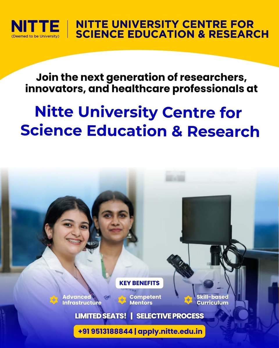 NUCSER_Official's tweet photo. Leverage your career with an MSc at NUCSER!
Choose from Biomedical Science, Microbiology, Biotech, Cancer Biology &amp; more. ✨ Advanced Infrastructure | Expert Mentors | Limited Seats
Apply now: https://t.co/74bj9eIHb7 📞 +91 9513188844
#NUCSER #Nitte https://t.co/Ald60JOHLn
