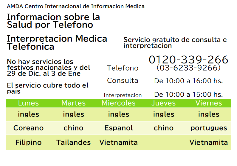 amdaimic's tweet photo. Información sobre la Salud por Teléfono
Interpretación Médica Telefónica
AMDA brinda servicios de interpretación por teléfono cuando visita hospitales y clínicas. 

en español : miercoles 
Teléfono 0120-339-266（03‐6233‐9266）
https://t.co/B2OZXOhr84 https://t.co/mTbc8gIqSs