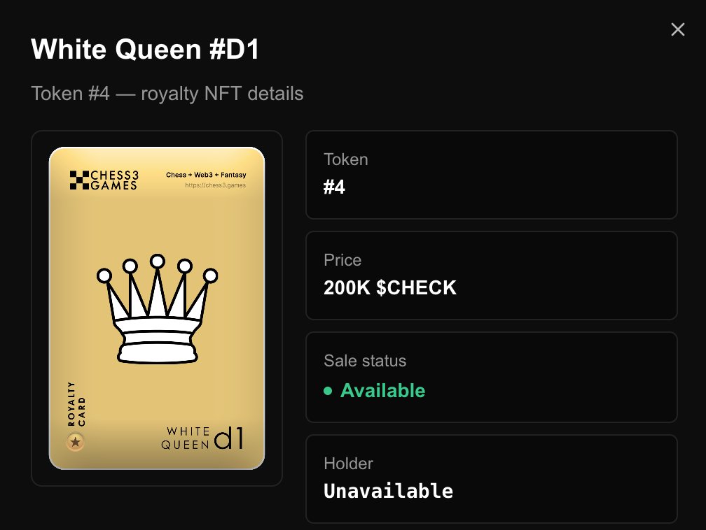 Chess3Games's tweet photo. The White Queen Royalty NFT is live 🔥.
200,000 $CHECK.

Every time anyone trades a White Queen Chess Piece NFT on Chess3 — you earn 3.2%. 

Every buy. Every sell. Forever.

The Queen is the most-traded piece. That means the most royalties.

https://t.co/JyG8Sds0Cd https://t.co/HmnZ9I2cxr