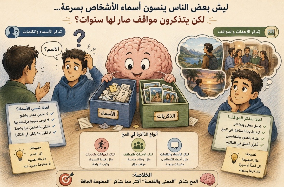 DrMD_H's tweet photo. 🧠💭
ليش بعض الناس ينسون أسماء الأشخاص بسرعة… لكن يتذكرون مواقف صار لها سنوات؟

الذاكرة بالمخ مو نوع واحد.

فيه فرق بين:
• تذكر الأسماء والكلمات
• تذكر الأحداث والمواقف
• تذكر المهارات والعادات

عشان كذا ممكن شخص ينسى اسم شخص قابله قبل أسبوع…
لكن يتذكر تفاصيل رحلة أو موقف صار قبل عشر سنوات.

الأسماء من أصعب الأشياء على الدماغ لأنها غالبًا ما تحمل معنى أو صورة واضحة تساعد على حفظها.

أما المواقف والقصص والمشاعر فترتبط بعدة مناطق بالمخ، لذلك تكون أسهل للاسترجاع.

ولهذا السبب ربط المعلومة بصورة أو قصة يساعد على تذكرها أكثر من حفظها بشكل مجرد.

الخلاصة:

المخ يتذكر “المعنى والقصة” أكثر مما يتذكر “المعلومة الج��فة”.
