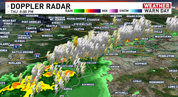 ShannonODKOMO's tweet photo. Severe thunderstorms continue tonight in Eastern Washington. Hundreds of lightning strikes have been recorded, along with quarter-sized hail and winds gusting 50-60 mph beneath these cells. Flash flooding possible! #WAwx https://t.co/T8KkgMf78h