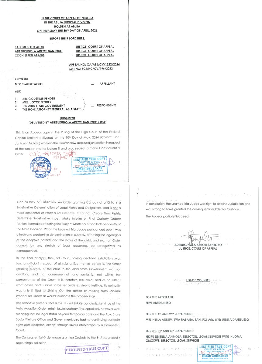 Attorney_ng's tweet photo. Dear @timiprewolo
My efforts to reach you through your lawyers have failed. That’s why I’m making this open appeal.  I was taken aback to see posts by @emmaikumeh, @TheoAbuAgada and @exolablog247, plus news reports on @ARISEtv and @tvcnewsng.
All of this, whoever is behind it, is needless and avoidable.
Please do the needful and reunite this little girl with her true family. Let wise counsel prevail — for her sake, further appeal to the Apex Court (if any) regardless.
Warm regards.
Jude