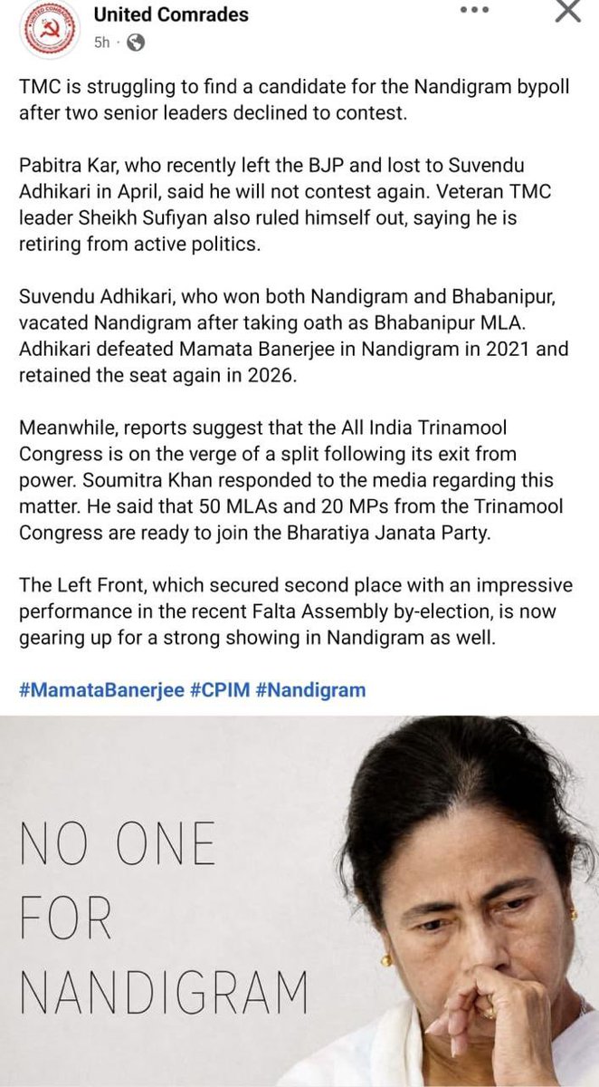mvnikeshkumar's tweet photo. The TMC now struggles to even find a candidate in Nandigram- the very place where Mamata Banerjee and Suvendu Adhikari together scripted Bengal’s violent political takeover and later turned against each other.
After the Falta repoll, the Left is now gearing up for Nandigram as well. The Left has survived years of witch hunting, violence and systematic political attacks by these very forces. Yet it continues to stand and fight for Bengal.

Many may mock us. That does not matter. We know power is still far away. But as Communists, we will fight till our last breath for this country and its people; reclaiming Bengal inch by inch.
#BengalPolitics #Nandigram #LeftInBengal
#CPIM #ReclaimBengal
#LeftResistance
#TMCExposed