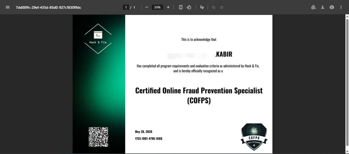 ethivolt's tweet photo. Earned my Certified Online Fraud Prevention Specialist (COFPS) certification from @hack_and_fix 
Small steps every day, but getting deeper into cybersecurity, fraud prevention, and ethical hacking. More learning ahead 🚀

#Cybersecurity #EthicalHacking #InfoSec https://t.co/IoxpAlqKL1