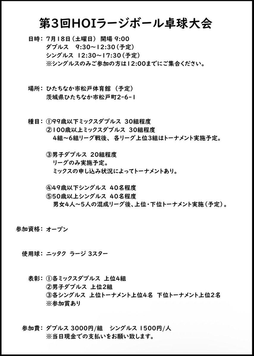 hoilargeball's tweet photo. [拡散希望]
お待たせしました！続報です！

第3回HOIラージボール卓球大会
期日　7月18日(土)
場所　茨城県ひたちなか市松戸体育館(予定)
種目　①混合ダブルス(99歳以下、100歳以上)
　　　　or男子ダブルス
　　　②男女混成シングルス(49歳以下、50歳以上)
締切　7月12日(日)迄
#ラージボール
#卓球 https://t.co/jjFbJGAf0g