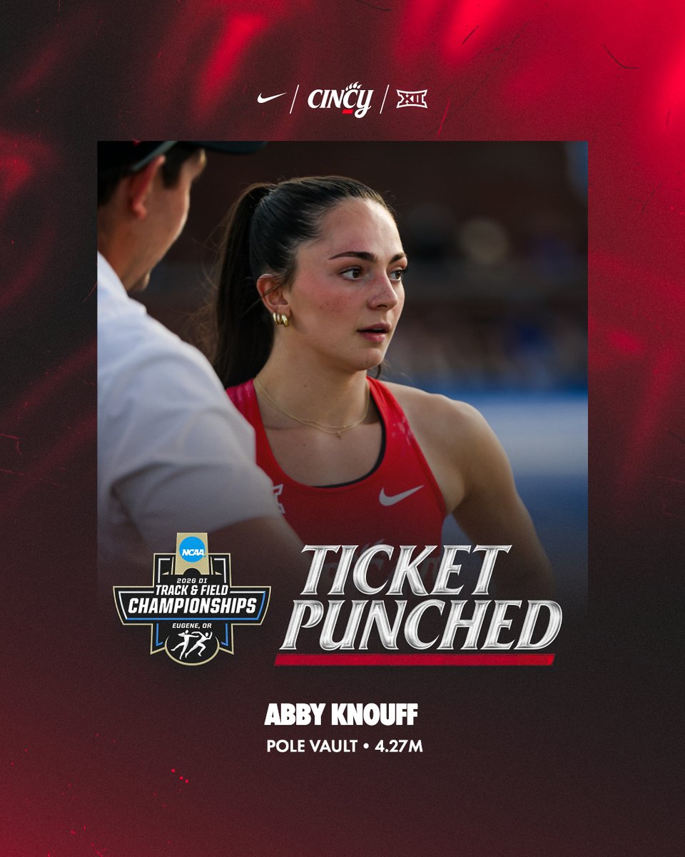 GoBearcatsTFXC's tweet photo. 𝑬𝑼𝑮𝑬𝑵𝑬 𝑩𝑶𝑼𝑵𝑫 🎟✈️

Abby Knouff is headed to Oregon for the NCAA Outdoor Track and Field Championships. She secured her spot with a mark of 4.27m in the pole vault, earning a 7th place finish at the NCAA East First Round.

#Bearcats https://t.co/RJYDJgojPU
