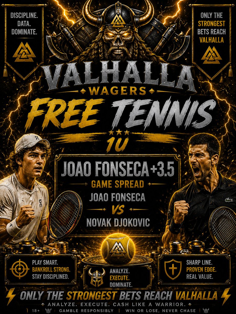 Valhalla_Wagers's tweet photo. 🚨 FREE TENNIS PLAY 🚨
🎾 Joao Fonseca +3.5 Games
Fonseca has the firepower to keep this match competitive and stay within the number.
💰 1U
Discipline. Data. Dominate.
⚔️ VALHALLA WAGERS ⚔️
#FrenchOpen #TennisPicks #SportsBetting #ValhallaWagers #FreePlay #ATP #BettingTwitter https://t.co/OK450nKmG5