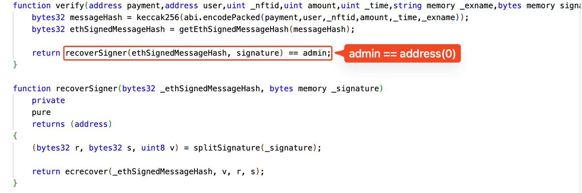 SlowMist_Team's tweet photo. 🚨SlowMist TI Alert🚨

💸 Loss: 85,519.47 USDT

🔍 Root Cause: The `cliamRewred` function in `LegendaryMoneyMonNft` allows arbitrary reward claiming. The only authorization depends on `verify()` which checks `recoverSigner(...) == admin`. `recoverSigner` does not validate `ecrecover` returning `address(0)`, and `changeadmin()` allows setting admin to zero address. The attacker used an invalid signature (r=0, s=0, v=27) which returns `address(0)` from `ecrecover`, passing the check because `admin` was zero address at that moment.

📌 Attacker: 0xe1582248c593df4b367e131922438fec9d76e787  
📌 Victim Contract: 0x92d60629ff5d53a0098b51e9b1d59546d1d8e5b6  
📌 Vulnerable Contract: 0x92d60629ff5d53a0098b51e9b1d59546d1d8e5b6

The attacker exploited the zero-address signature bypass to drain all tokens from the contract and swapped them for USDT via PancakeSwap.

Powered by #SlowMist.AI