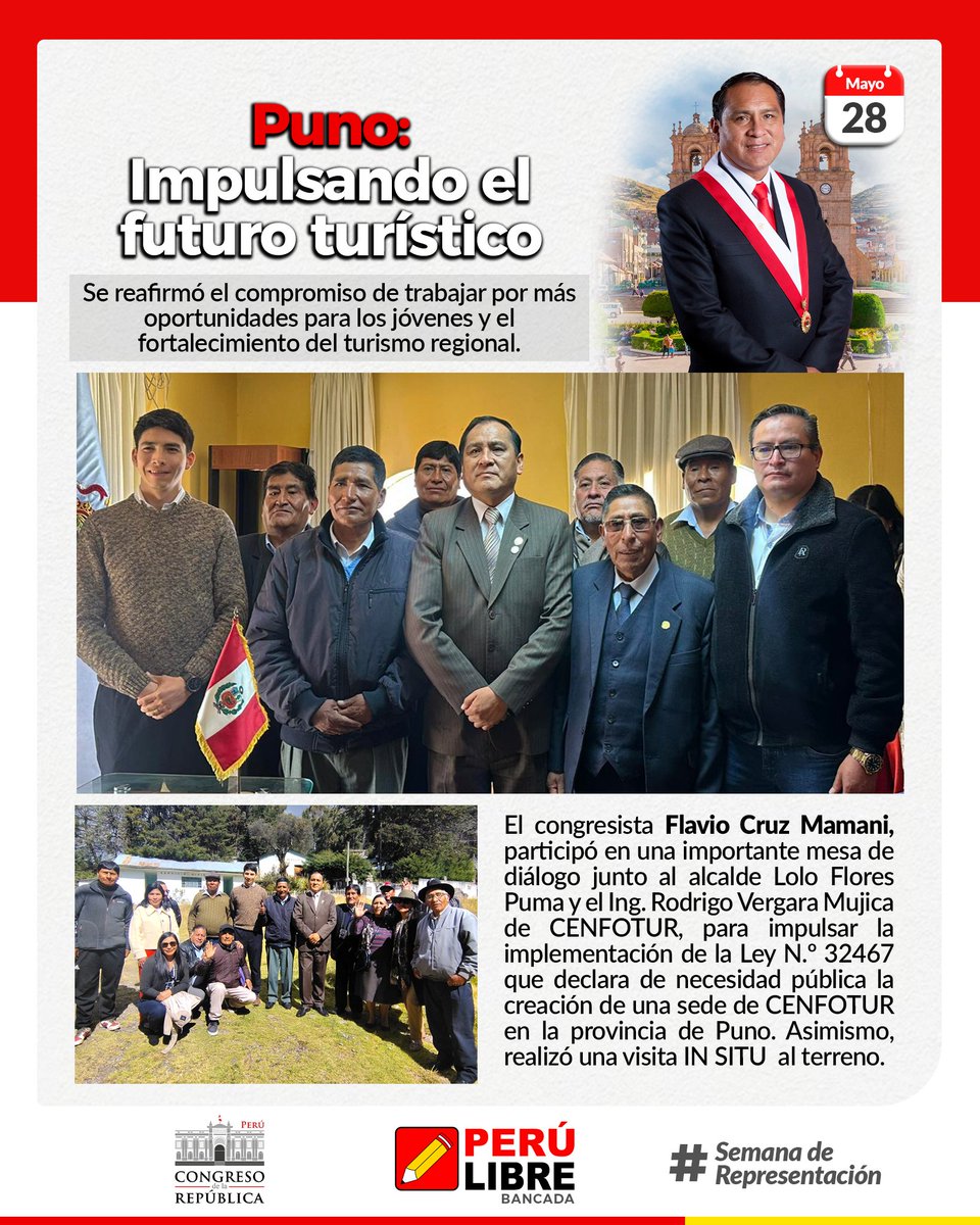 GP_PeruLibre's tweet photo. #SemanaDeRepresentación 🇵🇪 | 🏞️👨‍🎓El congresista @flaviocruzperu  participó en una mesa de diálogo junto al alcalde Lolo Flores y el Ing. Rodrigo Vergara de CENFOTUR, para impulsar la implementación de la Ley 32467, que declara de necesidad pública la creación de una sede en Puno. https://t.co/KV90q0T2zh