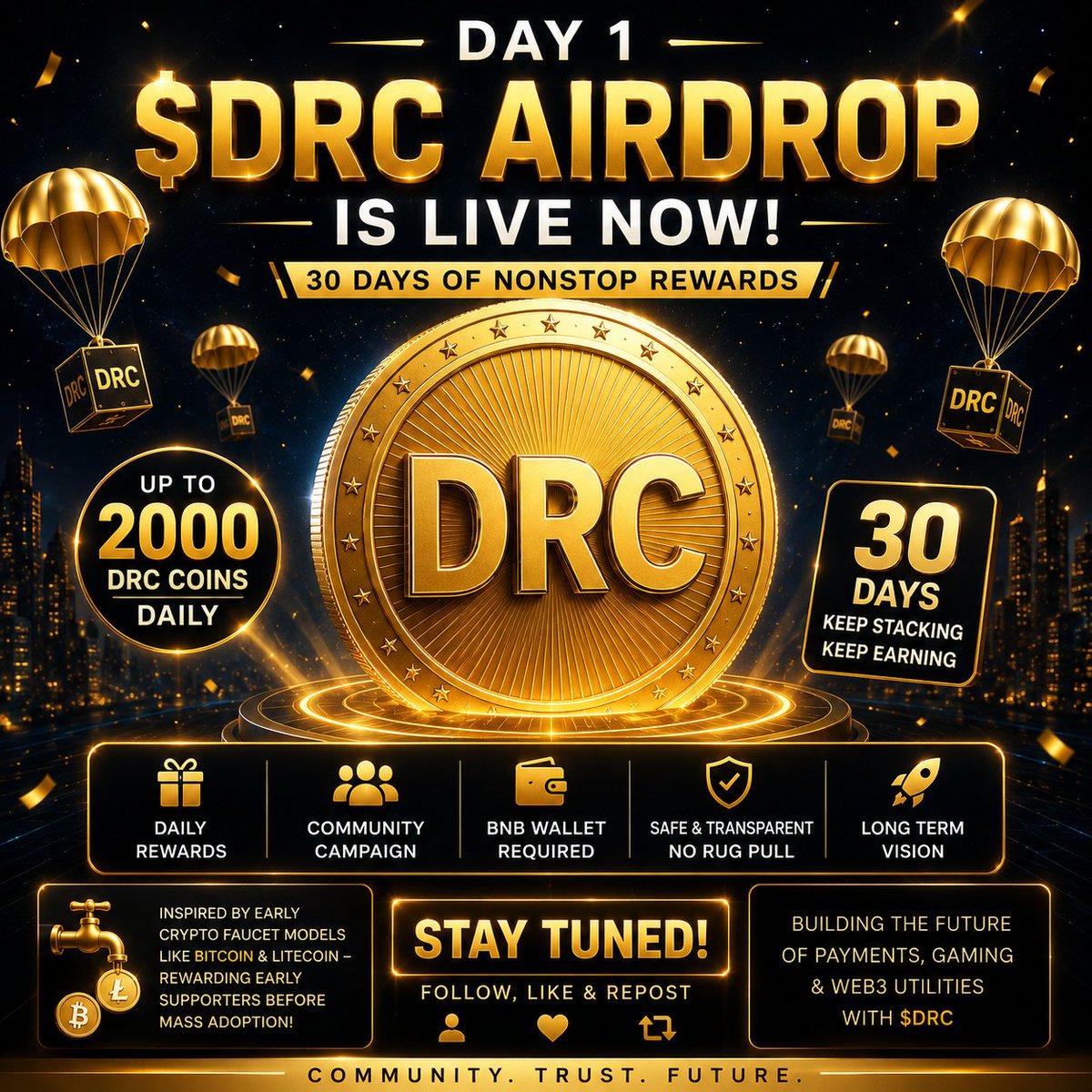 dailyremitcoin's tweet photo. 🚨 $DRC AIRDROP — DAY 1 IS LIVE 🚨

The first day of the 30-Day Daily Remit Coin community airdrop campaign officially starts NOW. 🎁

💰 Up to 2000 DRC rewards today
🔗 BNB Chain wallet required
🌍 Community-driven ecosystem expansion begins

Inspired by the early crypto faucet era that rewarded early Bitcoin & Litecoin supporters before mainstream adoption. 🚀

This is only the beginning for the DRC ecosystem:
🎮 P2E Gaming Utility
🖼️ NFT Integration
🌐 Web3 Expansion
⚡ Future Ecosystem Utilities

🎯 HOW TO BE ELIGIBLE FOR FREE COIN OR AIRDROPS

✅ Follow our official account
✅ Like & repost the campaign post
✅ Drop your BNB Chain wallet address
✅ Stay active during the 30-day event
✅ Join the growing DRC community in TELEGRAM GROUP  🚀

Selected community members will receive daily $DRC rewards throughout the campaign. 🎁

Follow, like & repost to support the community movement. 🔥

#DRC #DailyRemitCoin #Airdrop #BNBChain #metamask #wallet #defi #CryptoCommunity #Web3 #GameFi #P2E #Altcoins