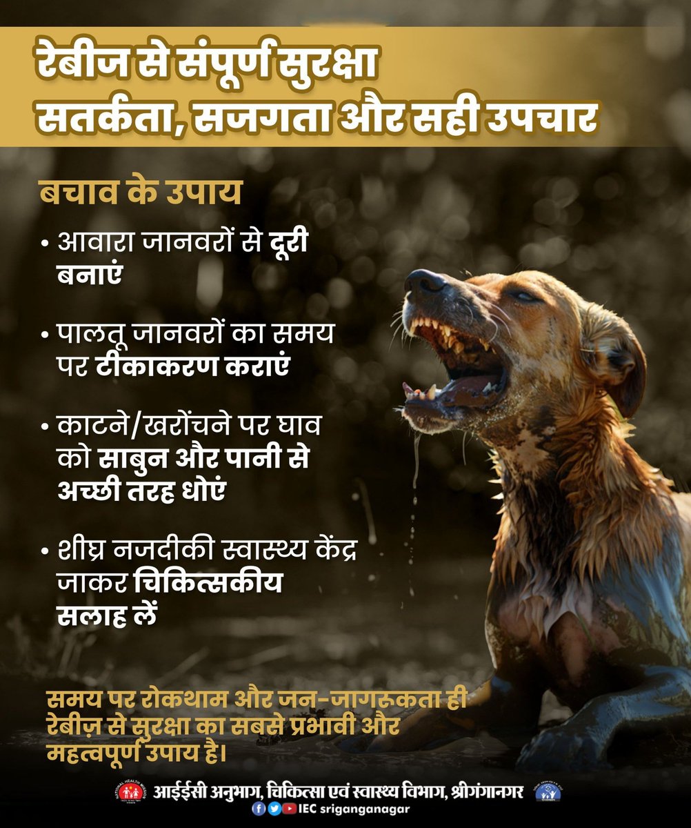 iecsgnr's tweet photo. 🛡️ #रेबीज से बचाव के लिए सजगता और सतर्कता ही सबसे बड़ा सुरक्षा कवच है । सही समय पर उपचार जीवन बचा सकता है ⏰💉
"जागरूक बनें, स्वस्थ रहें"
#RabiesAwareness #AnimalBiteSafety #NHMRajasthan #iecsriganganagar #healthforlife @AyushmanNHA @BhajanlalBjp @DIPRRajasthan @MoHFW_INDIA @RajGovOfficial